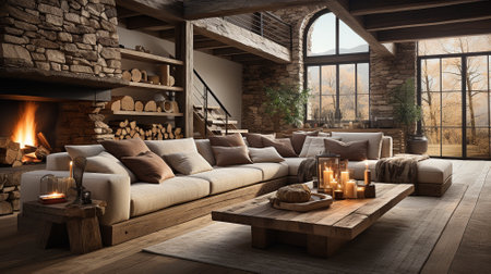 The rustic interior design of a modern living room. High quality illustrationの素材
