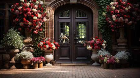 a mansion with a wooden door and flowers in front of it. High quality photoの素材