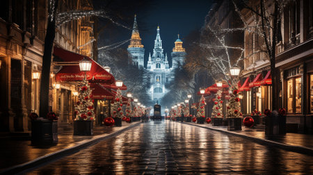 New Years streets. Celebrating the New Year on decorated streets. High quality illustrationの素材