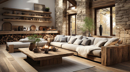 The rustic interior design of a modern living room. High quality illustrationの素材
