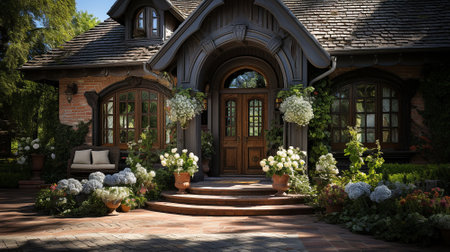 a mansion with a wooden door and flowers in front of it. High quality photoの素材
