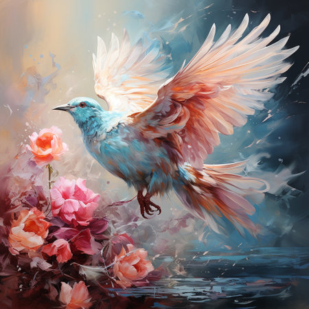 A beautiful illustration of a bird sitting on a branch with blooming flower buds. The color temperature is cool, featuring soft blues and purples, evoking a sense of calm and tranquility.の素材