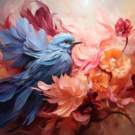 A beautiful illustration of a bird sitting on a branch with blooming flower buds. The color temperature is cool, featuring soft blues and purples, evoking a sense of calm and tranquility.の素材