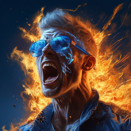 An epic character in the background of an explosion. A man in blue sunglasses with fire lighting up, in the style of aggressive digital illustration, strong facial expressionの素材