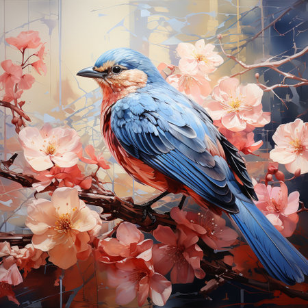 A beautiful illustration of a bird sitting on a branch with blooming flower buds. The color temperature is cool, featuring soft blues and purples, evoking a sense of calm and tranquility.の素材