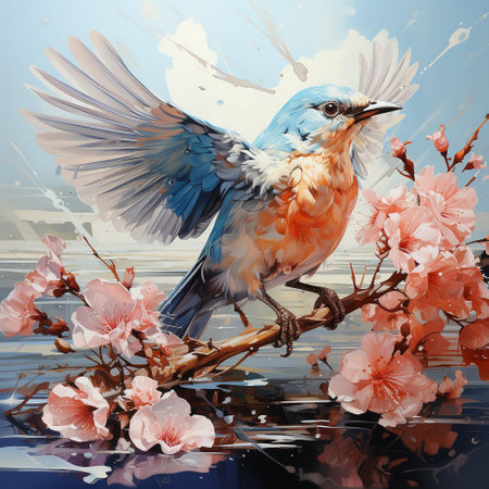 A beautiful illustration of a bird sitting on a branch with blooming flower buds. The color temperature is cool, featuring soft blues and purples, evoking a sense of calm and tranquility.の素材