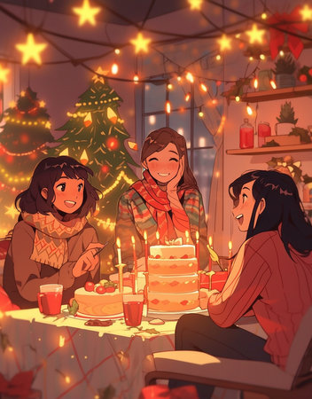 Happy friends celebrate Christmas. High quality illustrationの素材