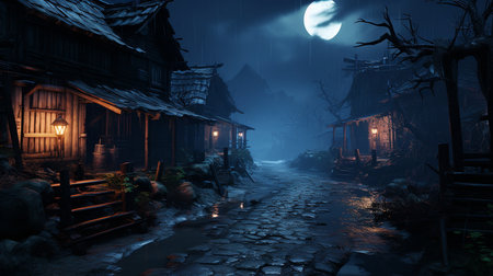 A mysterious and gloomy night street in the fantasy style. High quality illustrationの素材