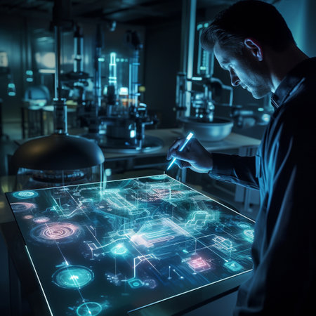 A scientist works behind a holographic screen. High quality photoの素材