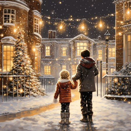 Happy children on Christmas. The beautiful Christmas background has been transformed into a touching comic, where bright colors and simple lines create a magical atmosphere.の素材