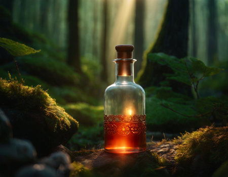 A glass bottle with a magic potion on the background of a beautiful forestの素材