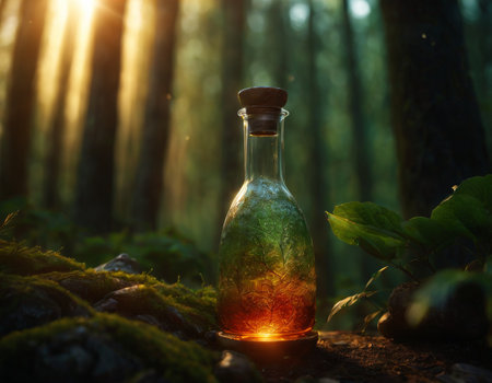 A glass bottle with a magic potion on the background of a beautiful forestの素材