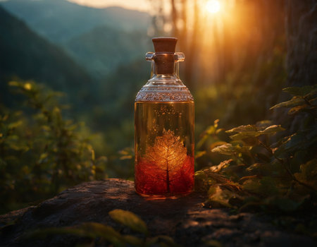 A glass bottle with a magic potion on the background of a beautiful forestの素材