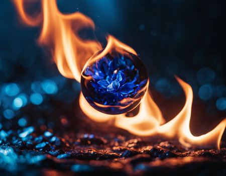 A blue flower inside a drop of water engulfed in flames. High quality illustrationの素材