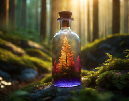 A glass bottle with a magic potion on the background of a beautiful forestの素材