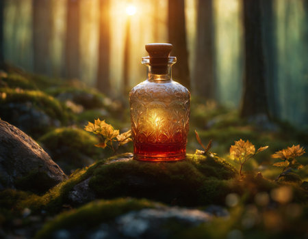 A glass bottle with a magic potion on the background of a beautiful forestの素材