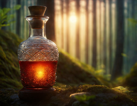 A glass bottle with a magic potion on the background of a beautiful forestの素材