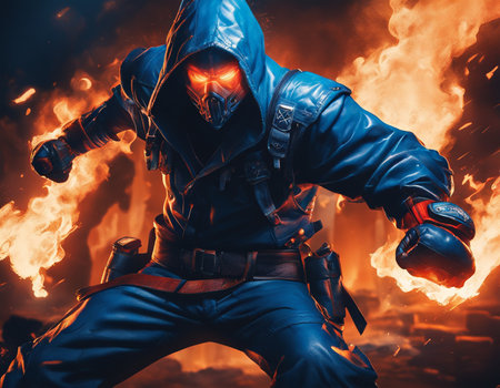 An epic character in the background of an explosion. A man in blue sunglasses with fire lighting up, in the style of aggressive digital illustration, strong facial expressionの素材