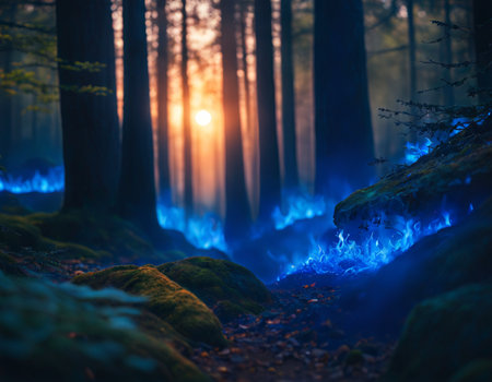 The dark forest is shrouded in mysterious blue energy. High quality photoの素材