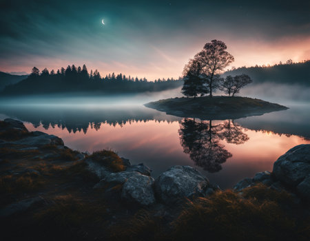 Sunset on the lake. High quality illustrationの素材