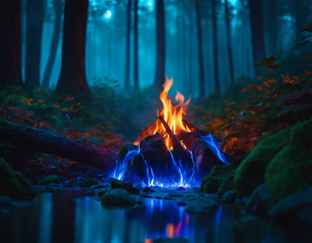 The dark forest is shrouded in mysterious blue energy. High quality illustrationの素材