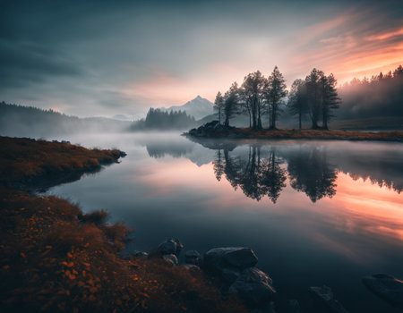 Sunset on the lake. High quality illustrationの素材
