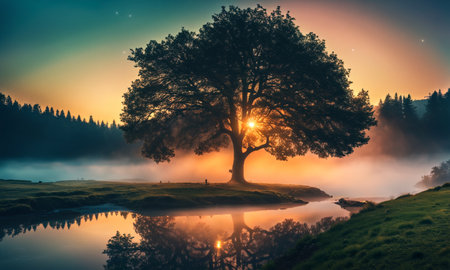Sunset on the lake. High quality illustrationの素材