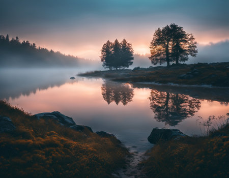 Sunset on the lake. High quality illustrationの素材