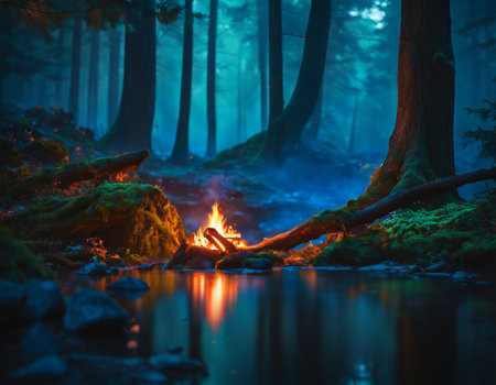Bonfire in the dark forest. High quality illustrationの素材