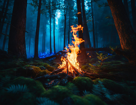 Bonfire in the dark forest. High quality illustrationの素材