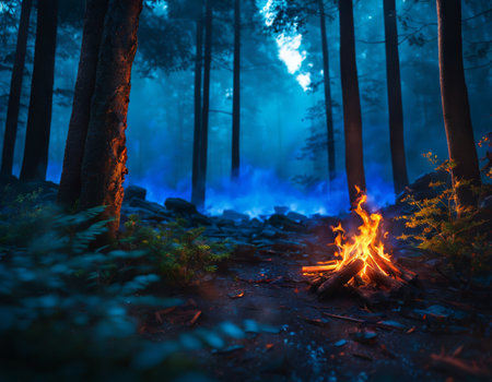 Bonfire in the dark forest. High quality illustrationの素材
