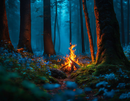 Bonfire in the dark forest. High quality illustrationの素材