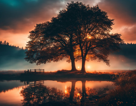 Sunset on the lake. High quality illustrationの素材