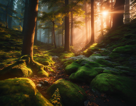 Beautiful morning forest. High quality illustrationの素材