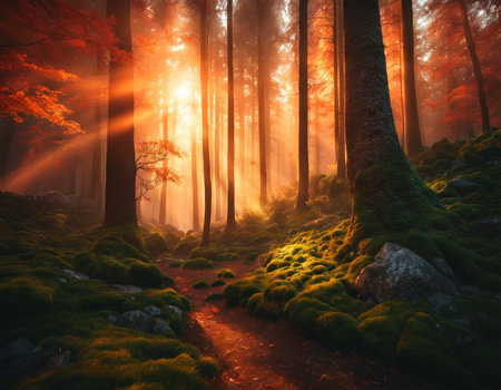 Beautiful morning forest. High quality illustrationの素材