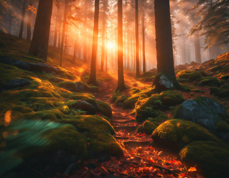 Beautiful morning forest. High quality illustrationの素材