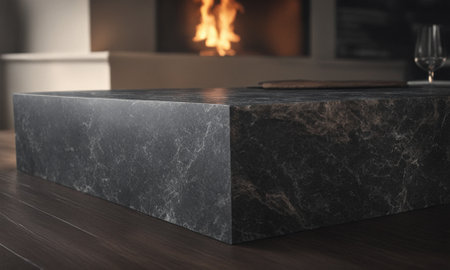 Professional design background with expensive black granite. Dark stone table with elements. High quality illustrationの素材