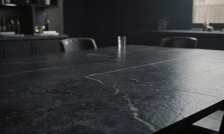 Professional design background with expensive black granite. Dark stone table with elements. High quality illustrationの素材