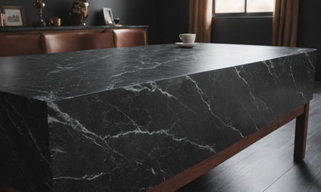 Professional design background with expensive black granite. Dark stone table with elements. High quality illustrationの素材