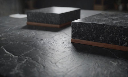 Professional design background with expensive black granite. Dark stone table with elements. High quality illustrationの素材