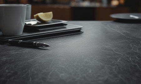 Professional design background with expensive black granite. Dark stone table with elements. High quality illustrationの素材