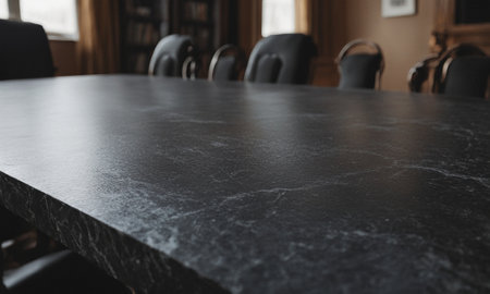 Professional design background with expensive black granite. Dark stone table with elements. High quality illustrationの素材