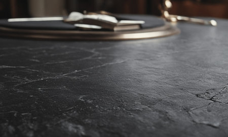Professional design background with expensive black granite. Dark stone table with elements. High quality illustrationの素材