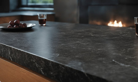 Professional design background with expensive black granite. Dark stone table with elements. High quality illustrationの素材