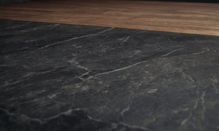 Professional design background with expensive black granite. Dark stone table with elements. High quality illustrationの素材