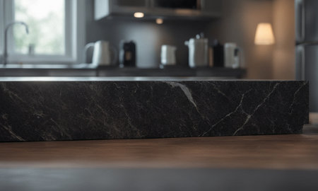 Professional design background with expensive black granite. Dark stone table with elements. High quality illustrationの素材