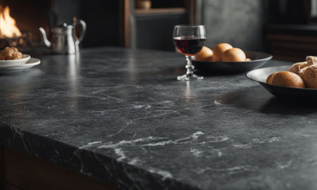 Professional design background with expensive black granite. Dark stone table with elements. High quality illustrationの素材