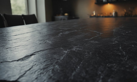Professional design background with expensive black granite. Dark stone table with elements. High quality illustrationの素材