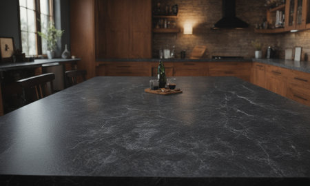 Professional design background with expensive black granite. Dark stone table with elements. High quality illustrationの素材