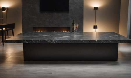 Professional design background with expensive black granite. Dark stone table with elements. High quality illustrationの素材